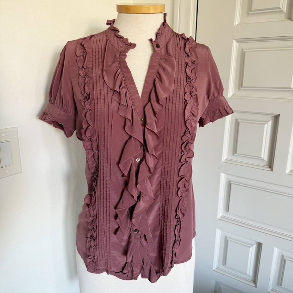 Joie California Mauve Pink Blouse Silk Ruffles Short Sleeve Button Down Size XS